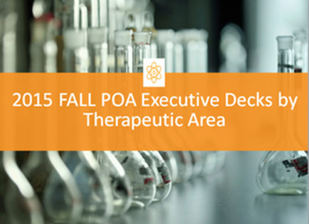 A row of laboratory glassware including test tubes and flasks arranged in a neat and orderly manner. The background is blurred but it appears to be a laboratory setting with other laboratory equipment visible. The image is accompanied by an orange banner that reads "2015 FALL POA Executive Decks by Therapeutic Area".