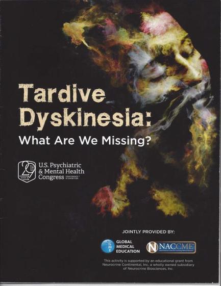 A cover of a book titled "arrive Dyskinesia: What Are We Missing?" The cover is predominantly black with a colorful abstract design in the center. The design is made up of different shades of orange yellow and pink creating a smoke-like effect. The background is black and the title of the book is written in white text at the top. Below the title there is a logo for the U.S. Psychiatric & Mental Health Congress which is a blue circle with the words "Jointly Provided by: Global Medical Education" written in blue. At the bottom of the cover there are two logos one for the National Association of Medical Education and the other for name.