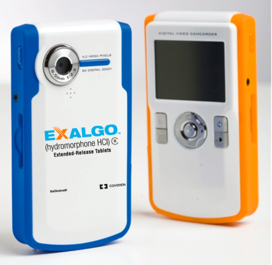 Two 2000s era cell phones one in blue and the other in orange. The blue phone is shown from the back and includes a camera lens and the logo for Exalgo (Hydromorphone HCI) Extended-Release Tablets. The orange phone is shown from the front where its screen and various buttons are visible.