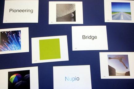 A collage of nine square photographs arranged in a grid-like pattern on a blue background. Each photograph is accompanied by a white card with the word "Pioneering" written in black text. The first photograph on the top left is a close-up of a person's face with their eyes closed and their mouth slightly open. The second photograph is a photograph of a road with a blue sky in the background. The third photograph is of a bridge with a green square in the center. The fourth photograph is from the top right corner of the image and the fifth photograph is taken from the bottom left corner. The sixth photograph is in the bottom right corner with an image of a rainbow-colored umbrella. The seventh photograph is on the bottom center with the words "Bridge" and "Nupio" written above it. Overall the image appears to be a collection of photographs related to the concept of pioneering and bridge.