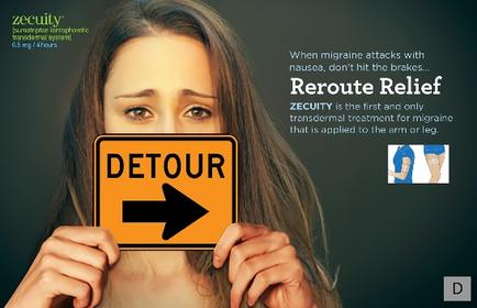 A young woman holding up a yellow sign with the word "DETOUR" written on it. The sign has an arrow pointing to the right and the text "When migraine attacks with nausea don't hit the brakes. reroute Relief. security is the first and only transdermal treatment for migraine that is applied to the arm or leg." The background is dark green and there are two icons on the right side of the image. The woman appears to be looking at the sign with a concerned expression.